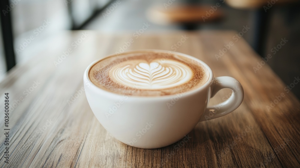 Creamy Coffee with Latte Art on Wooden Table Creamy Coffee with Latte Art on Wooden Table