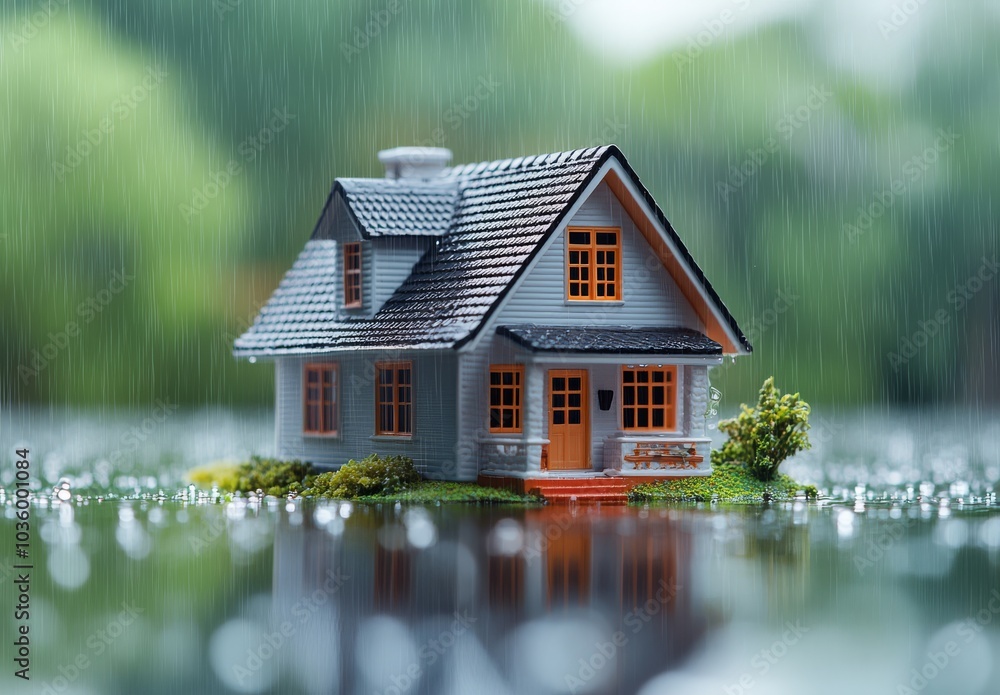 A miniature house sits in a pool of water with raindrops falling around it. The house is made of white plastic and has a brown roof. There is a small patch of green grass in A miniature house sits in a pool of water with raindrops falling around it. The house is made of white plastic and has a brown roof. There is a small patch of green grass in