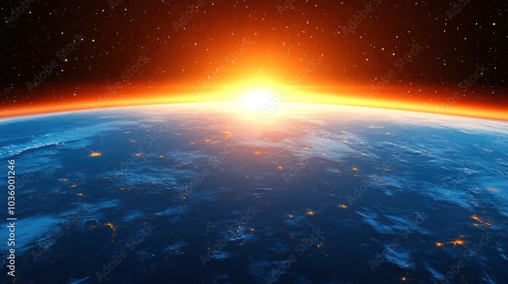 Earthrise over the Horizon with a Glowing Sunrise