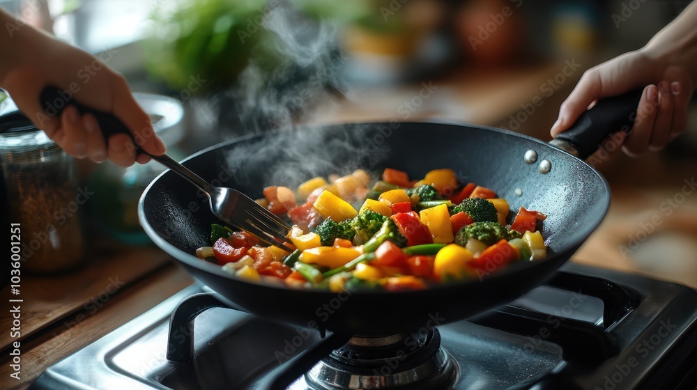 close up of hands cooking vegetables in a wok on a stove at home, using fork and spoon, colorful vegetable mix, healthy breakfast, high quality photo, blurred background close up of hands cooking vegetables in a wok on a stove at home, using fork and spoon, colorful vegetable mix, healthy breakfast, high quality photo, blurred background