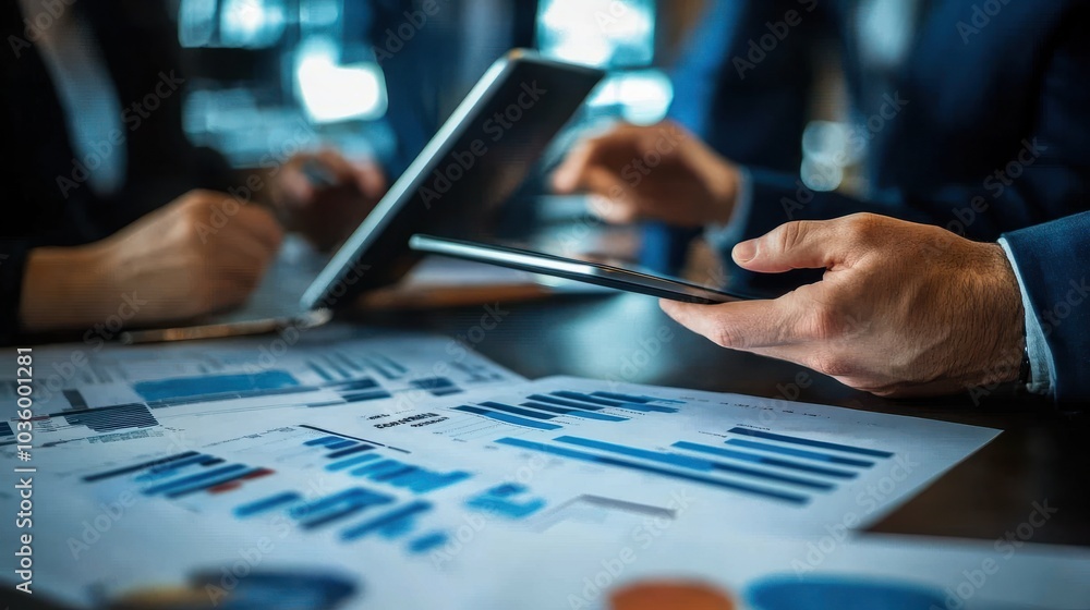 Close up of hands using tablet, colleagues collaborating at desk with financial documents, graphs in office setting Close up of hands using tablet, colleagues collaborating at desk with financial documents, graphs in office setting