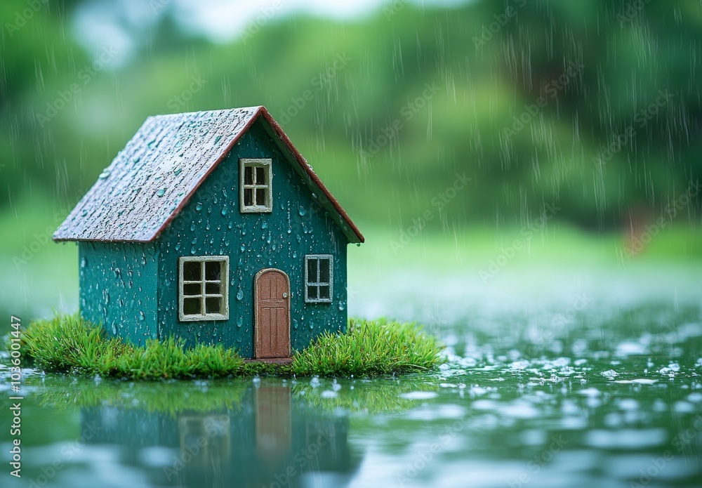 A small house model sits on a patch of grass surrounded by water, with rain falling around it. A small house model sits on a patch of grass surrounded by water, with rain falling around it.