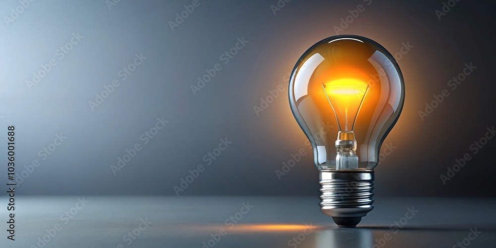 Glowing Light Bulb on Gray Background, 3D Render, Minimalist, Idea, Inspiration, Illumination, Creativity Glowing Light Bulb on Gray Background, 3D Render, Minimalist, Idea, Inspiration, Illumination, Creativity