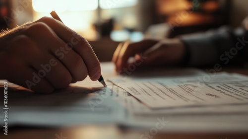 Close-up of hand reviewing financial documents.