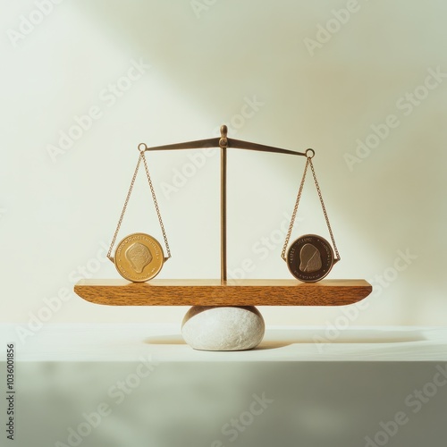 Coin Balance: An image depicting coins balanced on a scale or seesaw, symbolizing financial equilibrium, fairness, or wealth distribution. photo