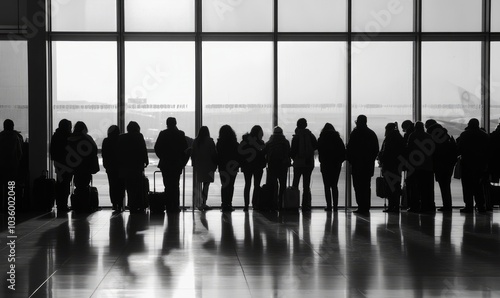 A long line of passengers waits at an airport gate, likely for a delayed or canceled flight due to overbooking photo