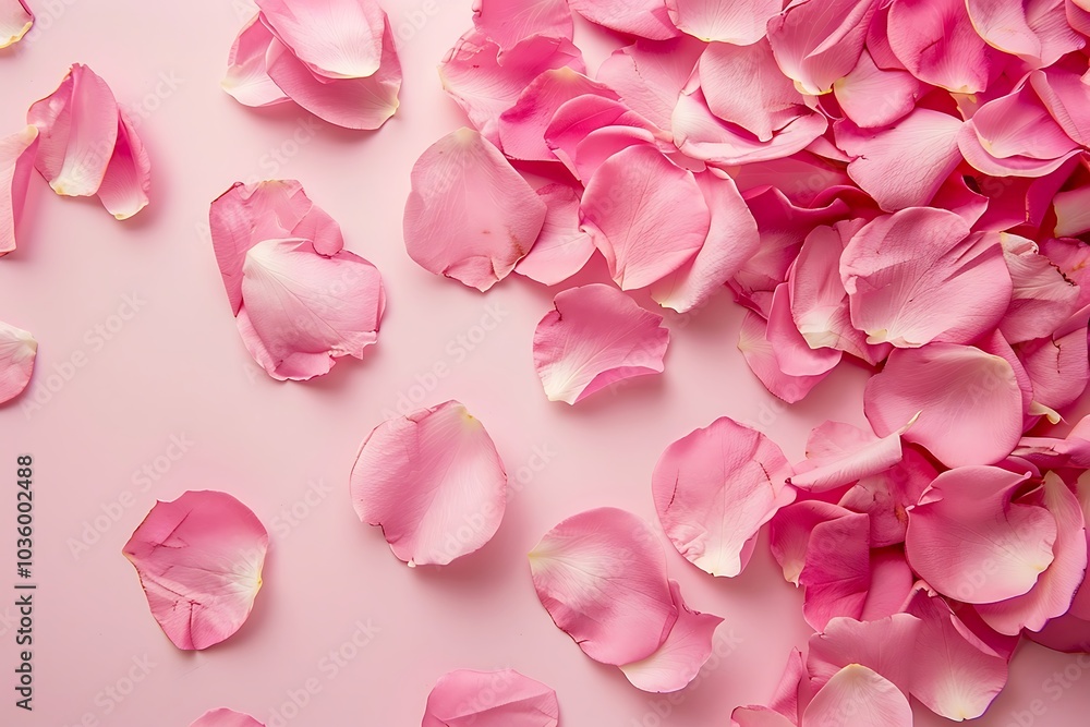 Obraz premium Pink rose petals on pink background. Flat lay, top view