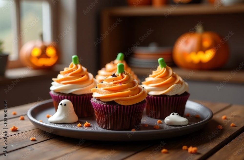 Cupcakes decorated with pumpkins, ghosts for Halloween on a wooden table Cupcakes decorated with pumpkins, ghosts for Halloween on a wooden table