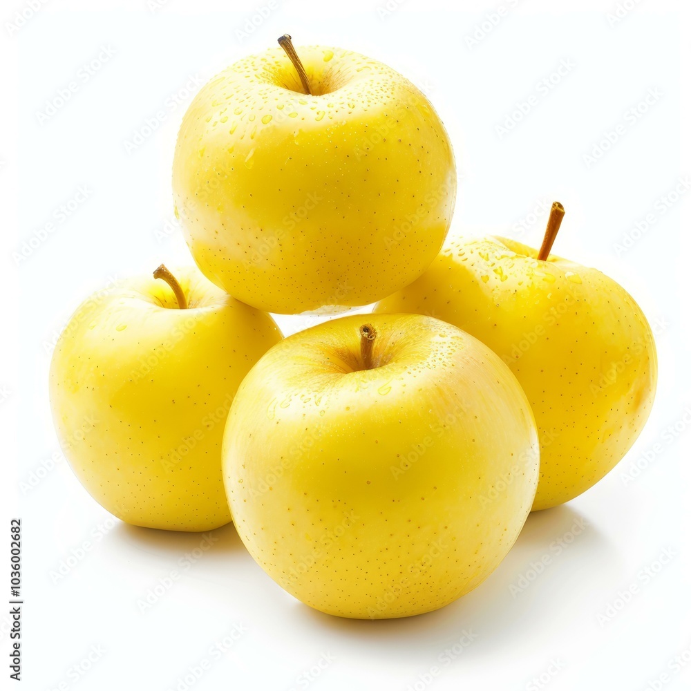 Four whole yellow golden delicious apples with water drops are stacked on a white background Four whole yellow golden delicious apples with water drops are stacked on a white background