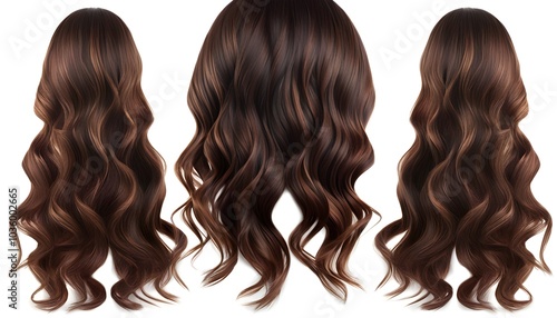 Luxurious Chestnut Brown Long Wavy Hair Set Against a Clean White Background photo