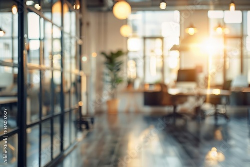 Blurred View of a Modern Office Space with Sun Rays Streaming Through Windows photo