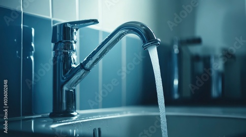 Water flowing from a chrome faucet