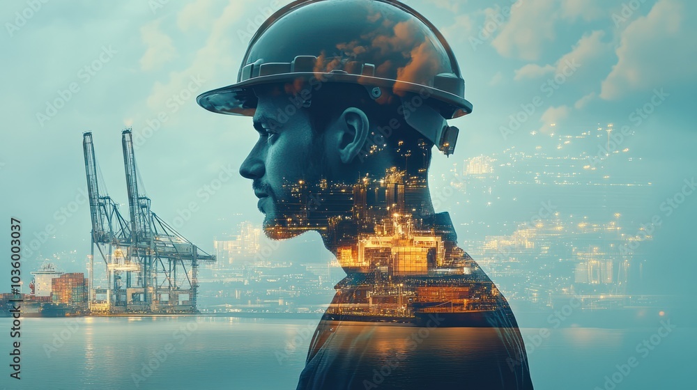 Obraz premium Double exposure Engineer hardhat leverages big data to forecast shipping demand and optimize container usage.