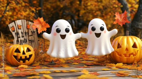 Two white ghosts are jumping in the air in front of a pumpkin