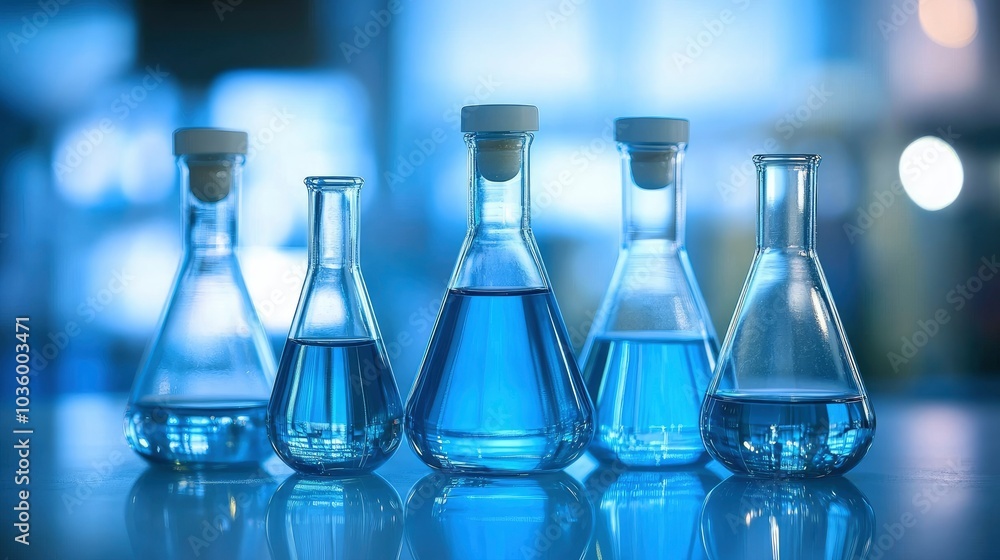 Row of beakers filled with blue liquid Row of beakers filled with blue liquid