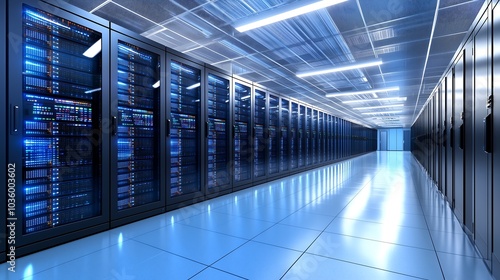 A modern data center with rows of servers and bright overhead lighting, showcasing advanced technology and organized storage for information processing.