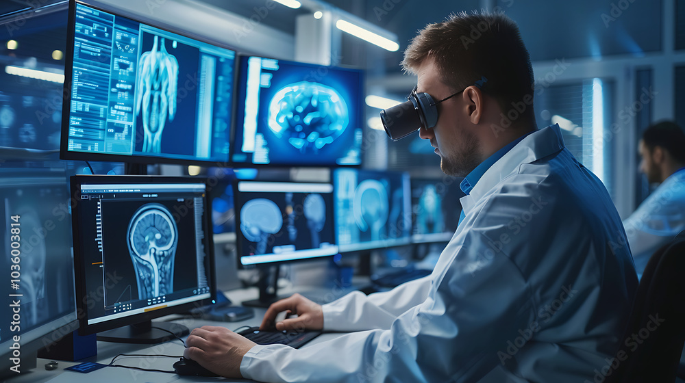 A doctor or scientist wearing VR goggles works at a computer with medical scans of the brain and body on the screens. A doctor or scientist wearing VR goggles works at a computer with medical scans of the brain and body on the screens.