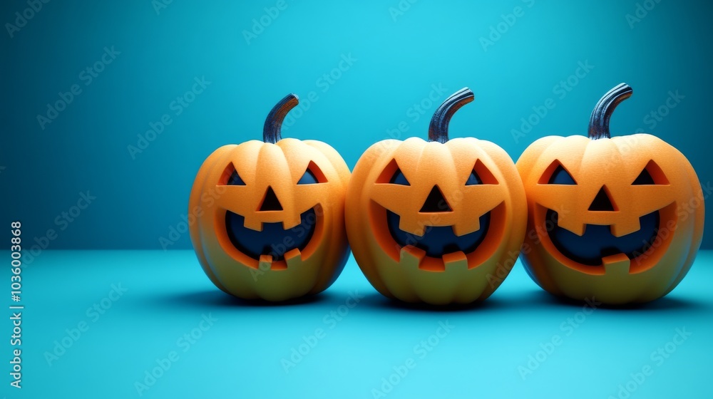 Three pumpkins with their mouths open and eyes wide, with a blue background Three pumpkins with their mouths open and eyes wide, with a blue background