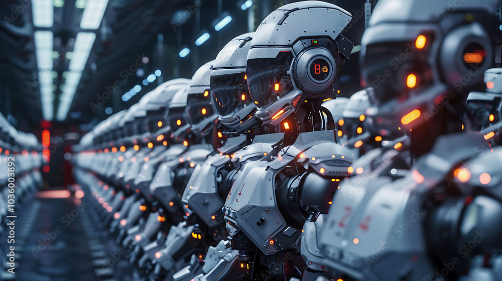 A line of futuristic robots stand in a factory setting. A line of futuristic robots stand in a factory setting.