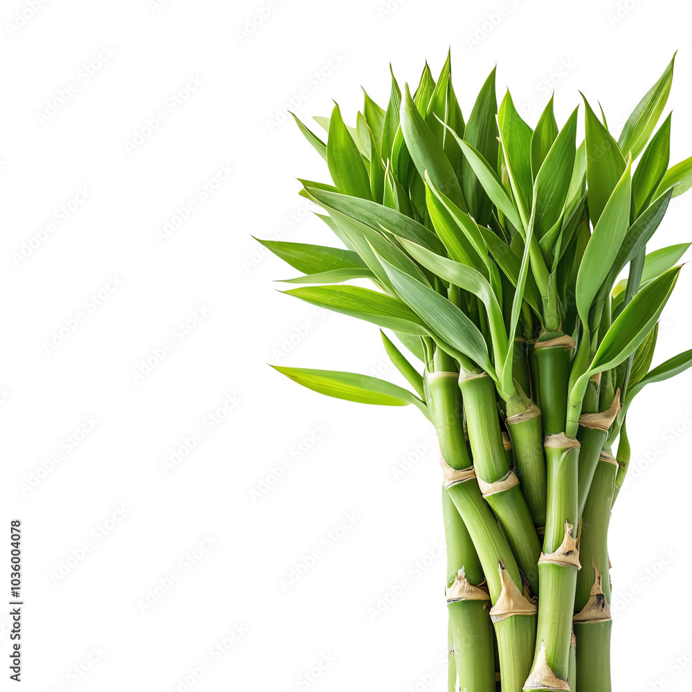 Obraz premium Bamboo stalks with lush green leaves, white isolate background