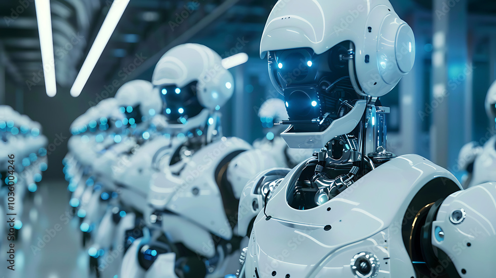 A row of white robots with glowing blue eyes stand in a futuristic factory. A row of white robots with glowing blue eyes stand in a futuristic factory.
