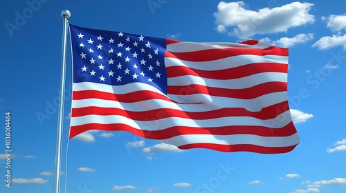 American flag waving against a blue sky.