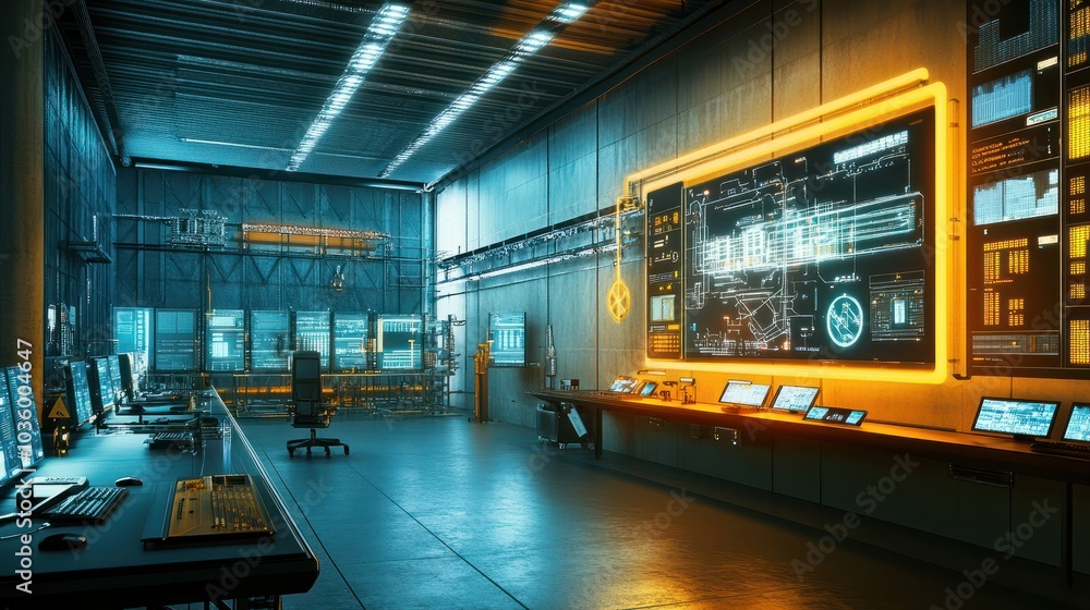 Obraz premium Industrial Innovation A smart factory control room with real-time data monitoring, highlighting the use of big data in industrial management. Realistic Photo,