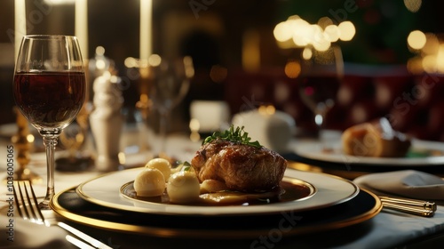 Luxury food service, main course served at a restaurant or formal dinner event in classic English style in the luxurious hotel or country estate, photo