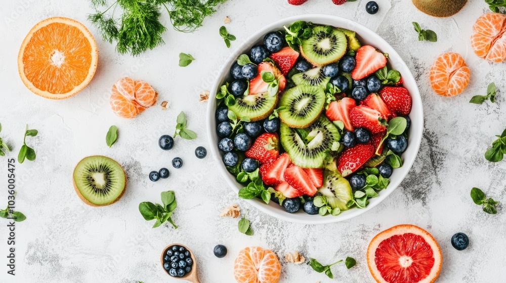 Fresh and Colorful Fruit Salad in White Bowl Fresh and Colorful Fruit Salad in White Bowl