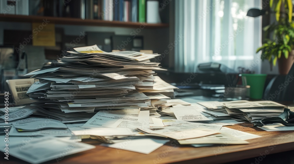 Pile of unpaid bills on desk, financial crisis, economic recession Pile of unpaid bills on desk, financial crisis, economic recession