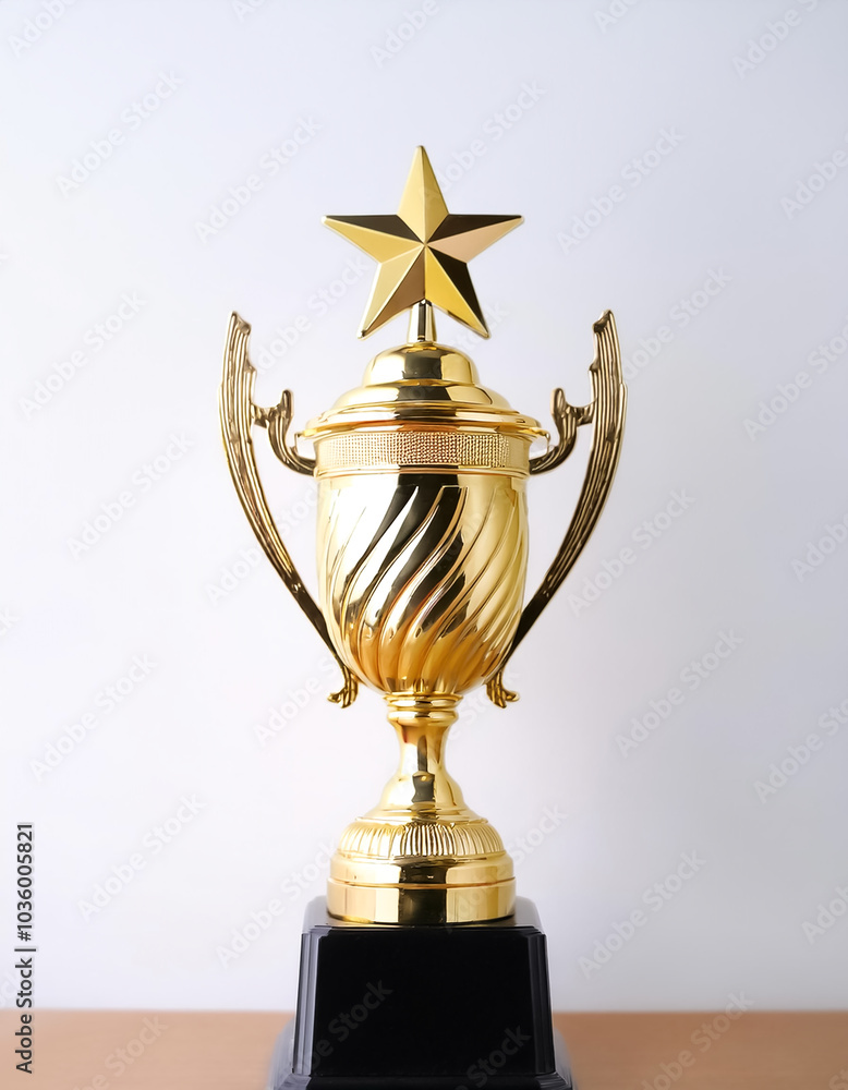 A golden trophy with a star on top on side position provides copy space for text. background concept isolated white A golden trophy with a star on top on side position provides copy space for text. background concept isolated white