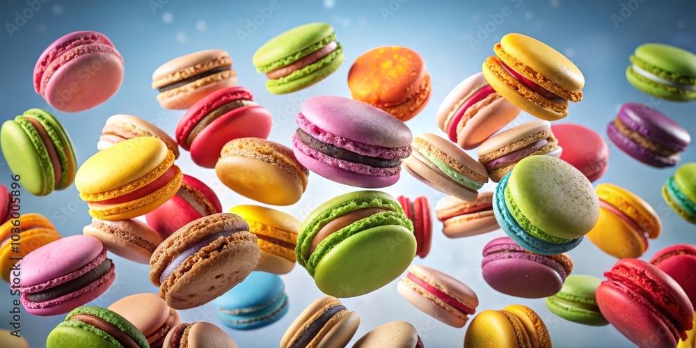 Macaron Medley A Colorful Cascade of French Delights, Digital Illustration, Macarons in Flight, Blue Background, Pastry, Dessert, Bakery Macaron Medley A Colorful Cascade of French Delights, Digital Illustration, Macarons in Flight, Blue Background, Pastry, Dessert, Bakery