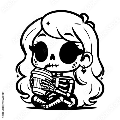Vector illustration of a cute skeleton girl sitting cross-legged, sipping from a cup, perfect for Halloween, autumn, or cozy-themed designs.