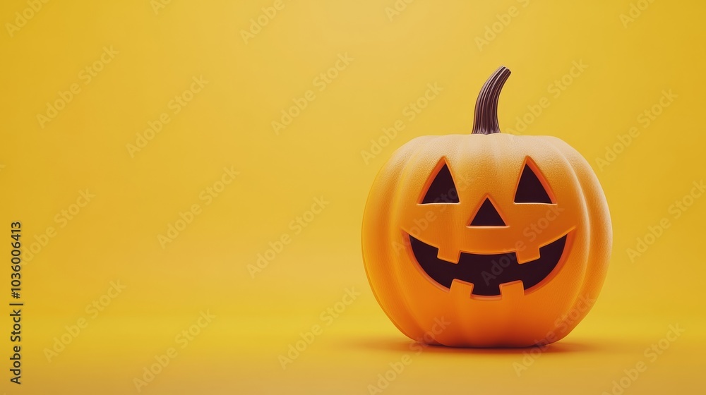 A pumpkin with a smiley face on it is sitting on a yellow background A pumpkin with a smiley face on it is sitting on a yellow background