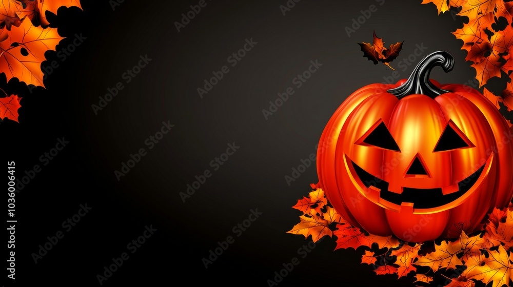 A pumpkin with a smiley face on it is surrounded by leaves A pumpkin with a smiley face on it is surrounded by leaves