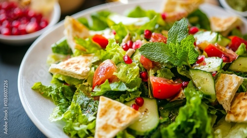 A delightful plate of Lebanese fattoush salad with crispy pita chips, lettuce, tomatoes photo