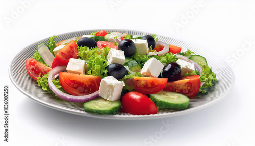 A vibrant Mediterranean salad, bursting with fresh tomatoes, cucumbers, olives, and feta cheese. A healthy and delicious meal, perfect for a light lunch or summer dinner. Enjoy!