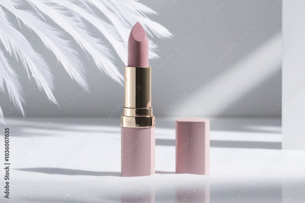 Stylish lipstick mockup in pastel tones, featuring a pink case and metallic accents, presented in a simple and contemporary setting Stylish lipstick mockup in pastel tones, featuring a pink case and metallic accents, presented in a simple and contemporary setting