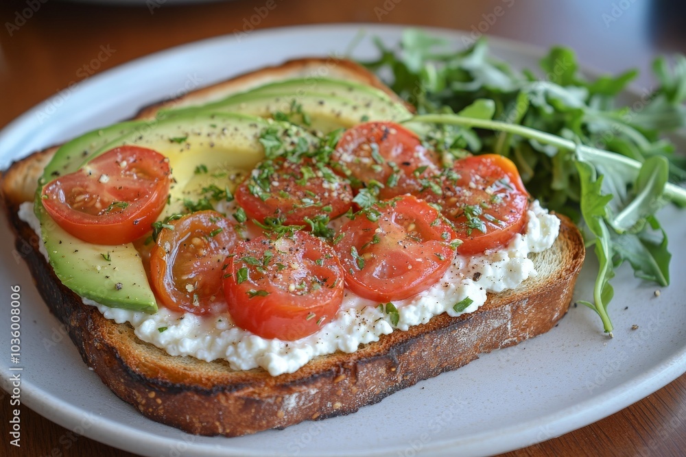 Avocado toast with tomatoes and arugula Avocado toast with tomatoes and arugula