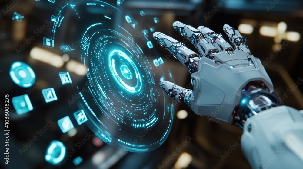 Fototapeta premium Futuristic Robotic Hand Interacting with Holographic Display