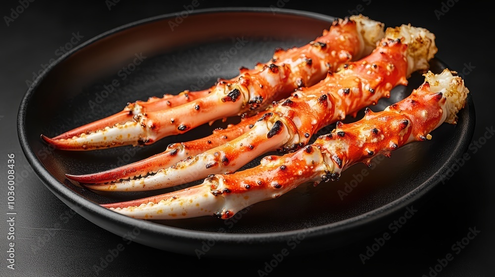 Black plate with 3 grilled king crab, isolated in a studio on a dark background. Realistic photography style, and sharp focus. Professional color grading. Black background. Studio lighting. Ultra-fine Black plate with 3 grilled king crab, isolated in a studio on a dark background. Realistic photography style, and sharp focus. Professional color grading. Black background. Studio lighting. Ultra-fine