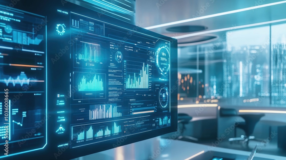 Futuristic Data Dashboard in Modern Office Space Futuristic Data Dashboard in Modern Office Space