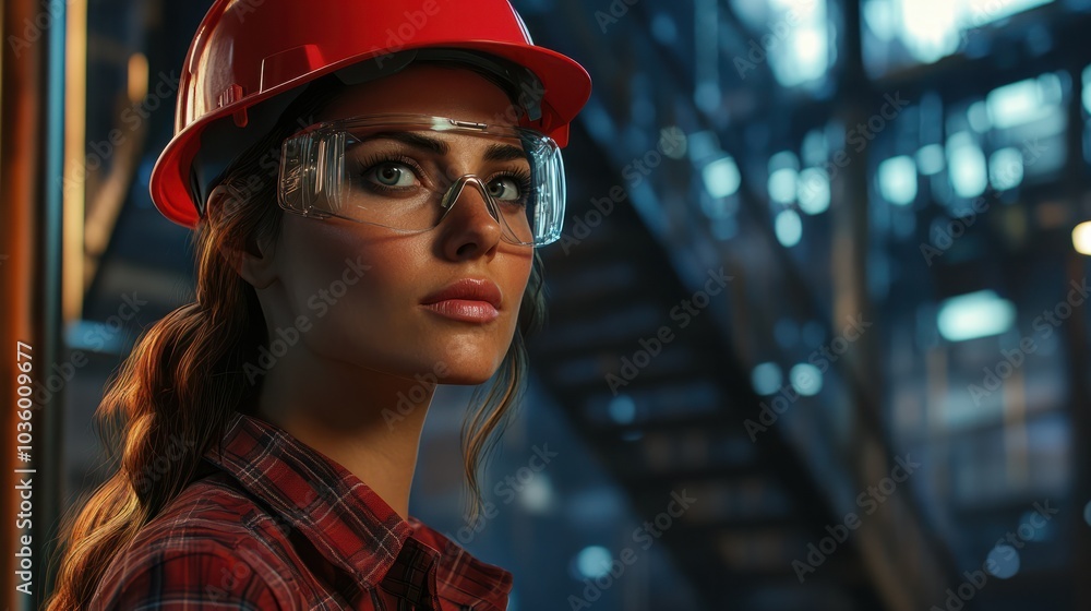 A confident female engineer in a red hard hat and safety glasses stands thoughtfully in an industrial setting. A confident female engineer in a red hard hat and safety glasses stands thoughtfully in an industrial setting.