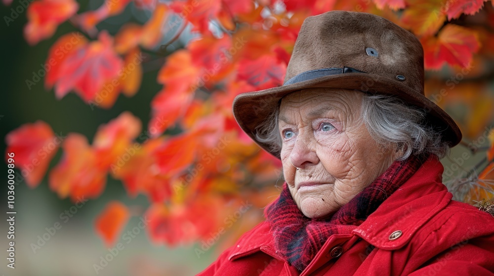 An elderly woman wearing a brown hat and red coat thoughtfully gazes off into the distance while standing in front of vibrant autumn foliage An elderly woman wearing a brown hat and red coat thoughtfully gazes off into the distance while standing in front of vibrant autumn foliage