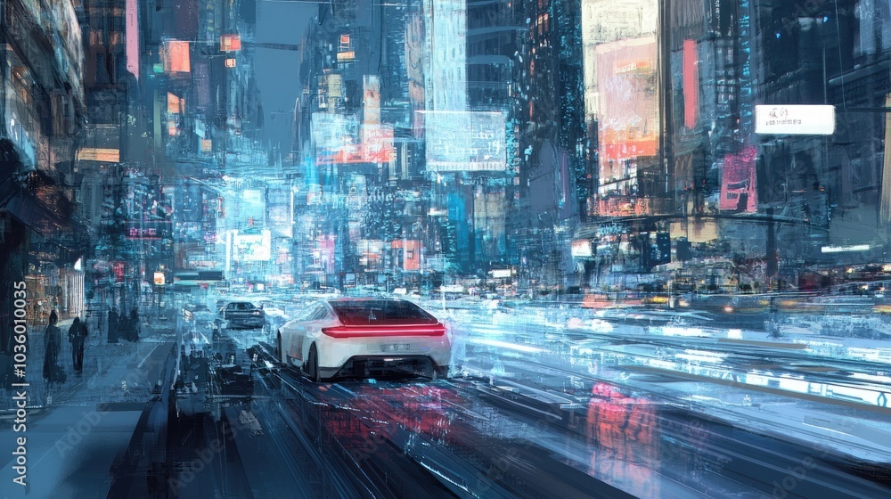 Fototapeta premium Futuristic Cityscape with Moving Car at Night