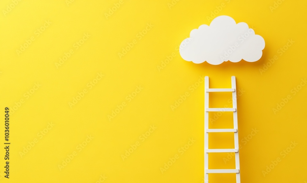 Ladder leading to white paper cut cloud over yellow background, success, achievement or career opportunity concept Ladder leading to white paper cut cloud over yellow background, success, achievement or career opportunity concept