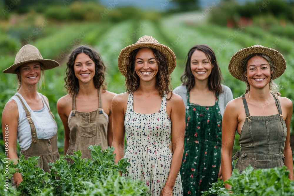 Group of women farmers working together in a vegetable garden on a sunny day Group of women farmers working together in a vegetable garden on a sunny day