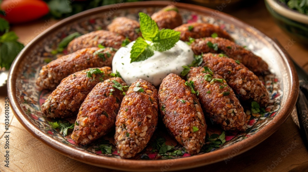 A delightful plate of Lebanese kibbeh nayeh, finely ground raw meat mixed with bulgur wheat, onions A delightful plate of Lebanese kibbeh nayeh, finely ground raw meat mixed with bulgur wheat, onions