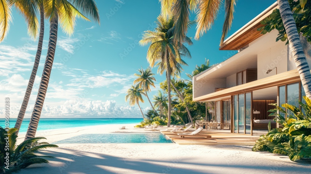 A luxurious beachfront villa with a private swimming pool and tropical palm trees providing a serene escape under a clear blue sky A luxurious beachfront villa with a private swimming pool and tropical palm trees providing a serene escape under a clear blue sky