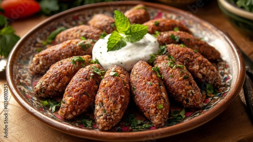 A delightful plate of Lebanese kibbeh nayeh, finely ground raw meat mixed with bulgur wheat, onions photo